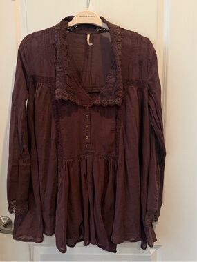 Free People Victorian Style Lace-Trim Button Tunic with Slip - Plum